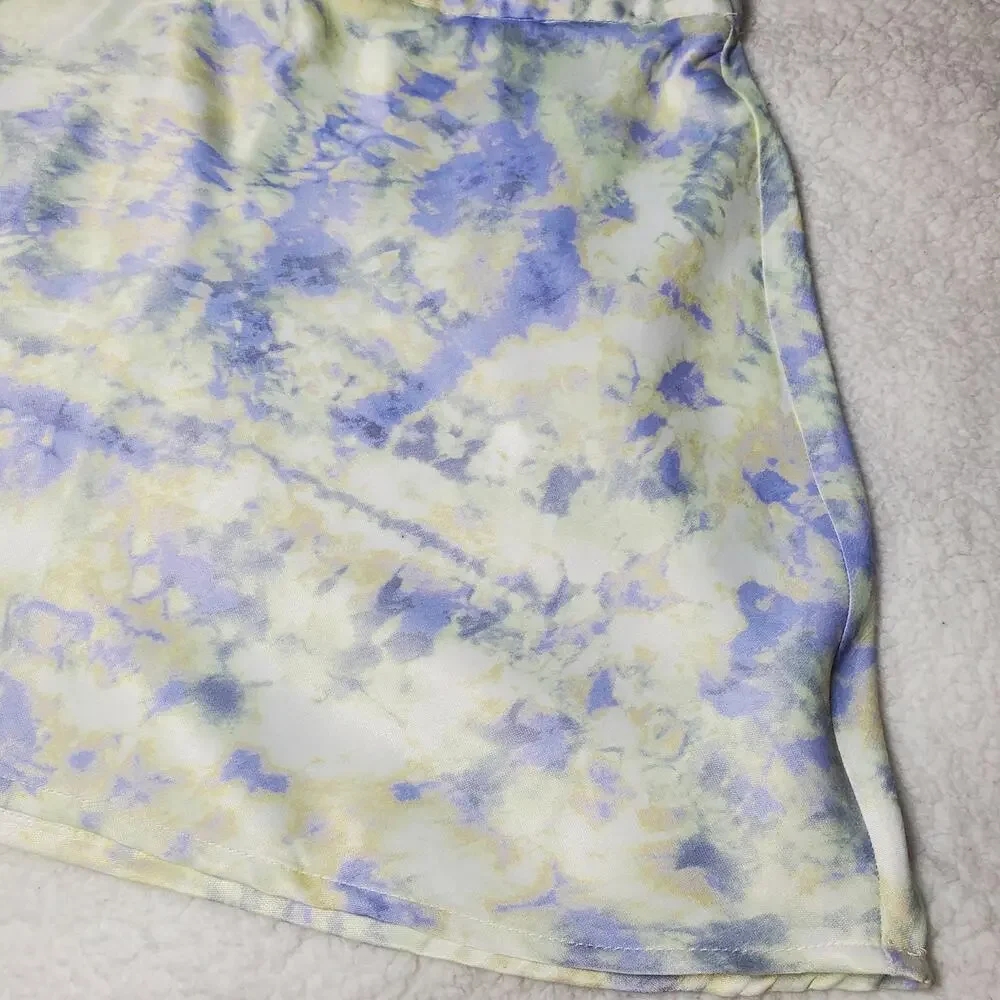 🔥 Zara XS Purple Lilac Yellow White Tie Dye Mini Skirt Satin Viscose Silky - Picture 4 of 15